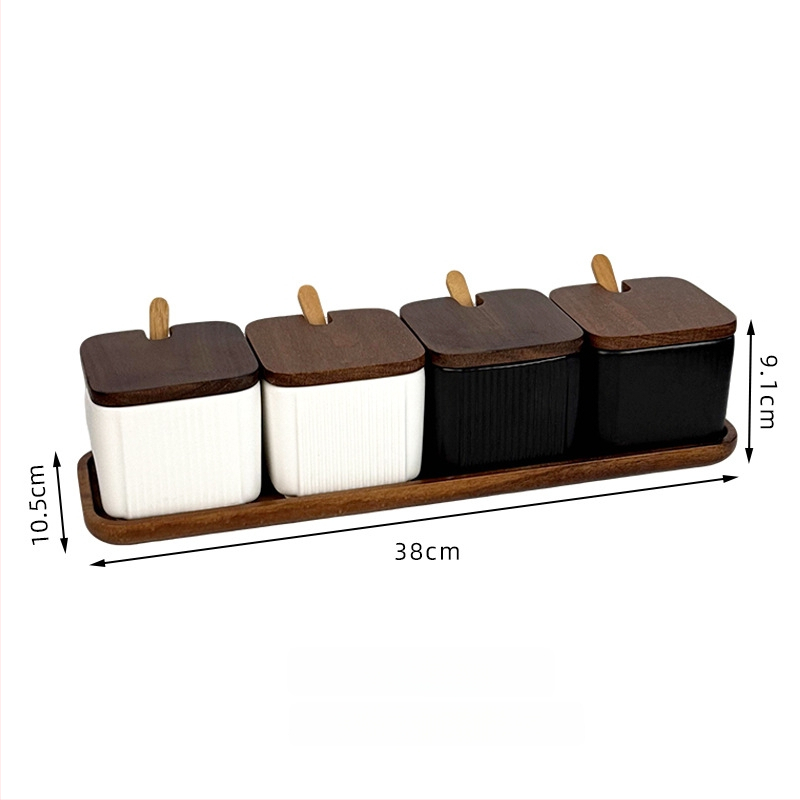 Set ceramic pentru condimente, uz casnic — stil light luxury, design pătrate cu dungi verticale, borcan de sare, imprimare logo și personalizare