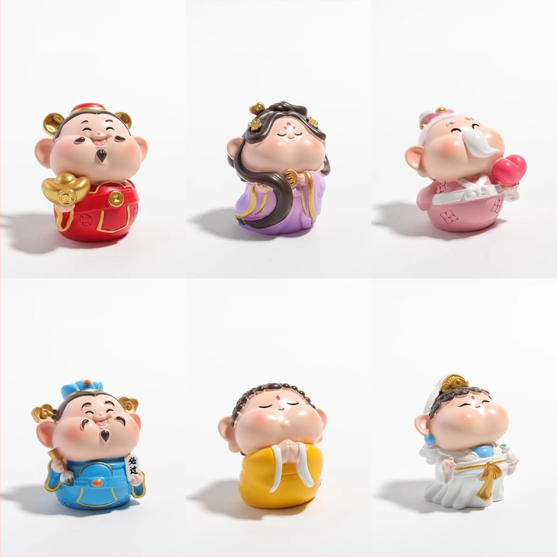 Munkaasztali dísz: Amitábha Buda és a Gazdagság Istene, gyanta, aranyos stílus, ajándék osztálytárs születésnapjára vagy karácsonyra