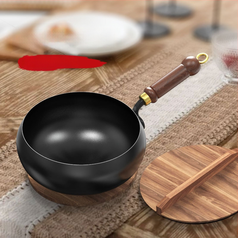 Nova tradicionalna wok tava s drškom od drveta, ravno dno, bez premaza, pogodna za plin i indukcijsku ploču