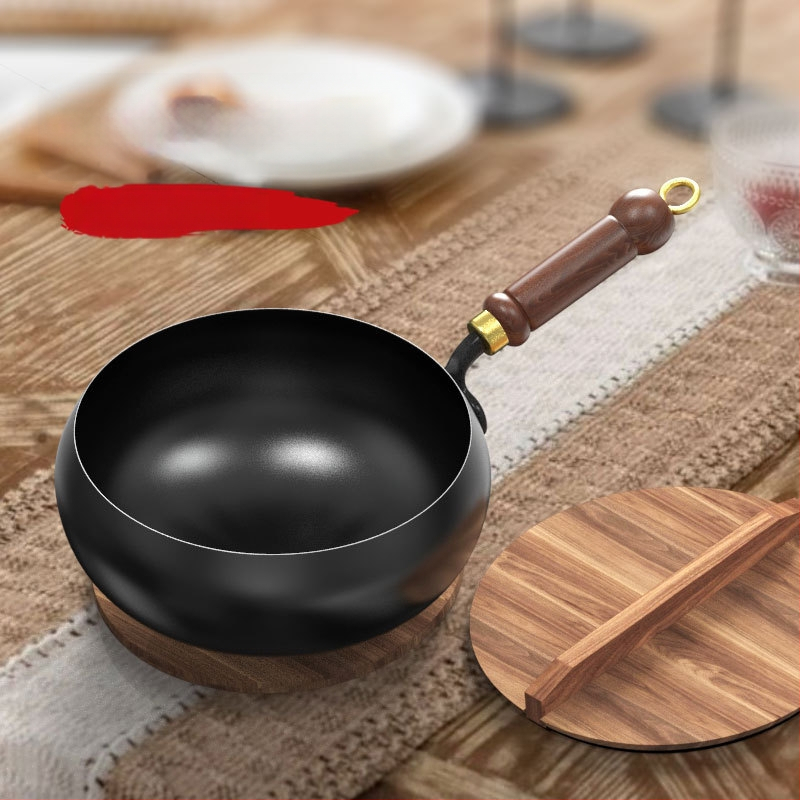 Nova tradicionalna wok tava s drškom od drveta, ravno dno, bez premaza, pogodna za plin i indukcijsku ploču