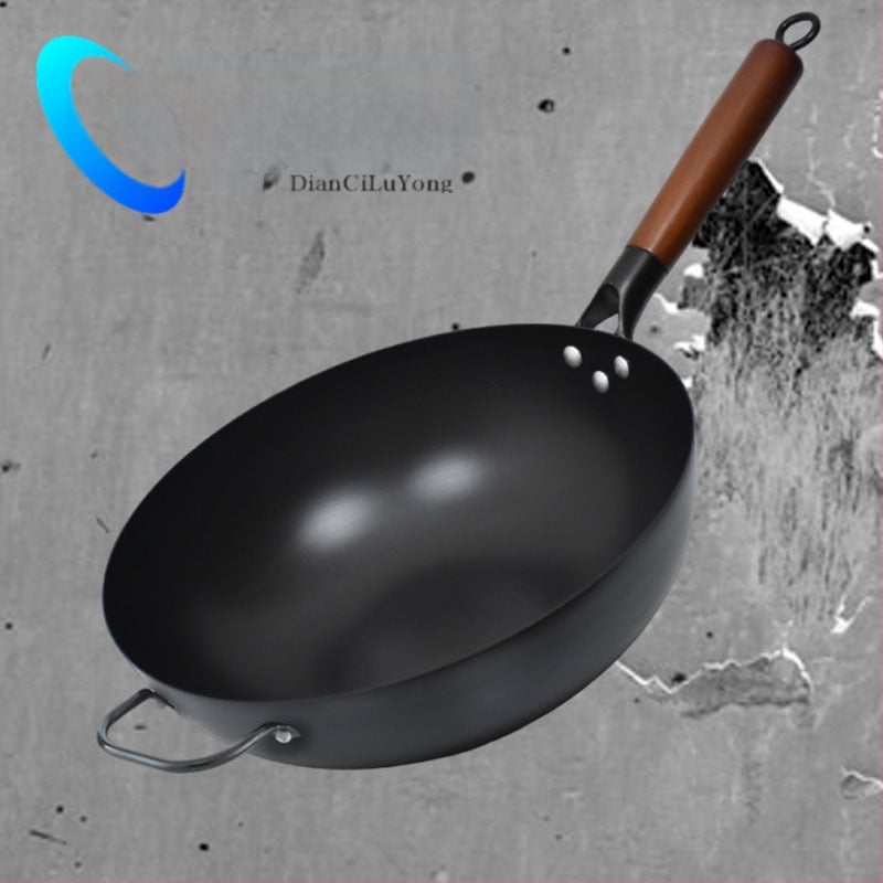 Wok s ravnim dnom od kovanog željeza za plinski štednjak, bez premaz, dvostruka namjena za prženje i sauté, kompatibilan s indukcijskom pločom
