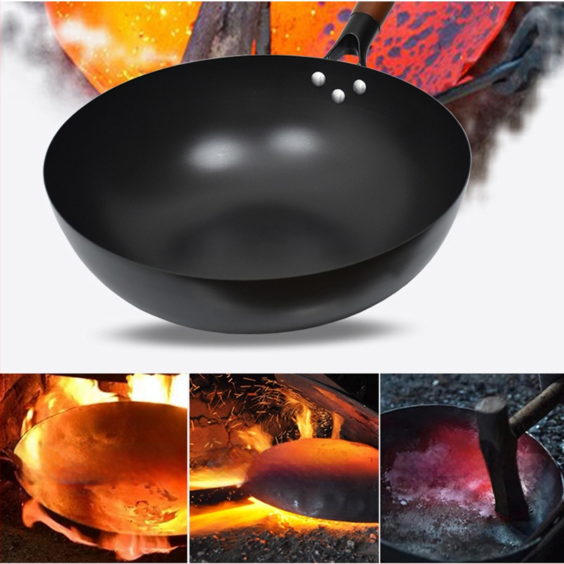 Wok s ravnim dnom od kovanog željeza za plinski štednjak, bez premaz, dvostruka namjena za prženje i sauté, kompatibilan s indukcijskom pločom