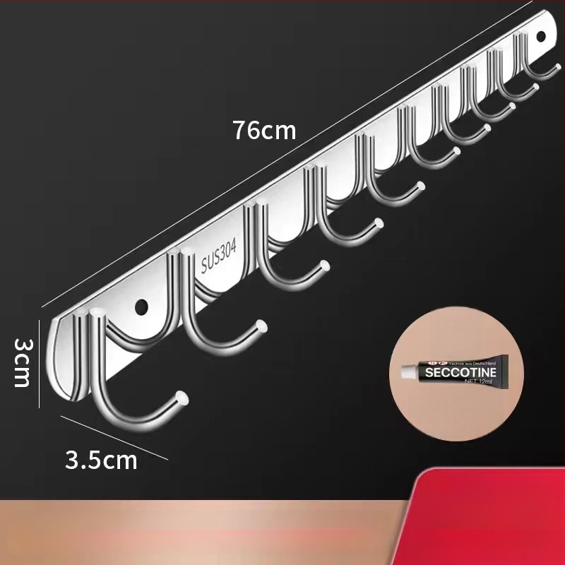 Стенно монтирана закачалка-органайзер от неръждаема стомана за кухня и баня, без пробиване, един ред (Материал: неръждаема стомана; Носимост: 30 кг; Покритие: полиране; Стил: лек лукс)