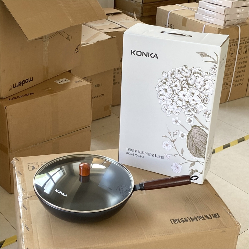 Konka Blossom serija bez premazivanja od lijevanog željeza, dvodijelni set: wok i tiganj