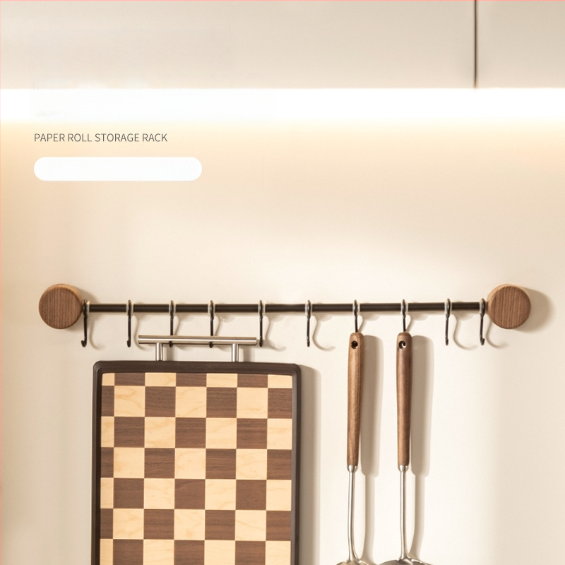 Ράφι κουζίνας τοίχου από ξύλο καρυδιάς, χωρίς διάτρηση, με κρεμάστρα για σπατουλιές και κουτάλια, πολυλειτουργική αποθήκευση