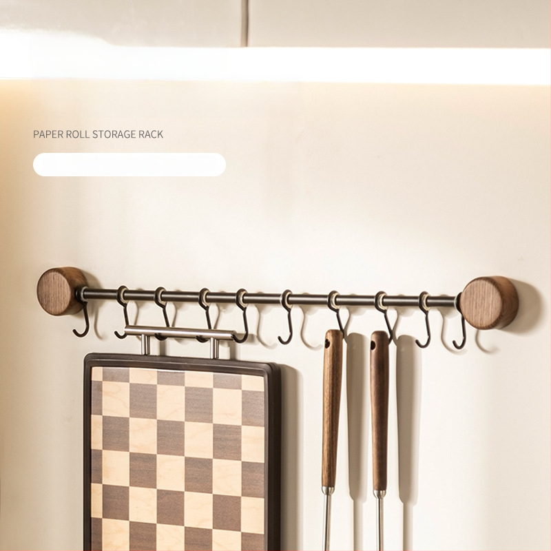 Ράφι κουζίνας τοίχου από ξύλο καρυδιάς, χωρίς διάτρηση, με κρεμάστρα για σπατουλιές και κουτάλια, πολυλειτουργική αποθήκευση