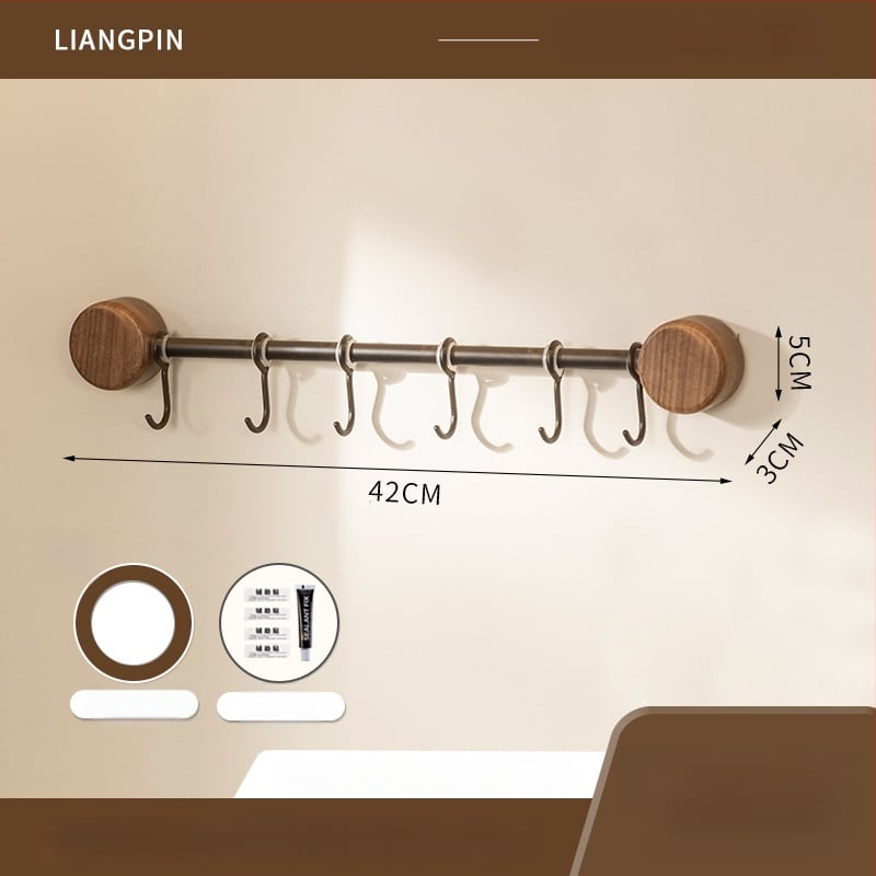 Ράφι κουζίνας τοίχου από ξύλο καρυδιάς, χωρίς διάτρηση, με κρεμάστρα για σπατουλιές και κουτάλια, πολυλειτουργική αποθήκευση