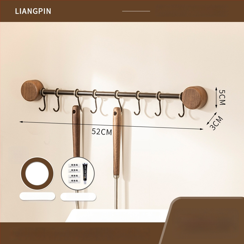Ράφι κουζίνας τοίχου από ξύλο καρυδιάς, χωρίς διάτρηση, με κρεμάστρα για σπατουλιές και κουτάλια, πολυλειτουργική αποθήκευση
