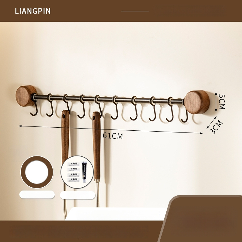 Ράφι κουζίνας τοίχου από ξύλο καρυδιάς, χωρίς διάτρηση, με κρεμάστρα για σπατουλιές και κουτάλια, πολυλειτουργική αποθήκευση