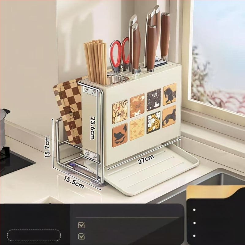 Κουζίνας αποθηκευτικός ράφι με θήκη μαχαιριών, θήκη για μαχαιροπίρουνα και θήκη κοπτικών σανίδων — επιτραπέζιος και τοίχους, πολυλειτουργικός, κινητός, χωρίς εγκατάσταση, από ανθρακούχο ατσάλι