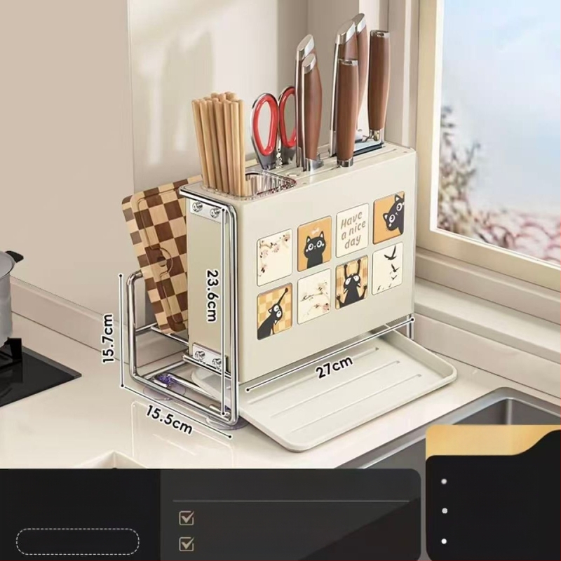 Κουζίνας αποθηκευτικός ράφι με θήκη μαχαιριών, θήκη για μαχαιροπίρουνα και θήκη κοπτικών σανίδων — επιτραπέζιος και τοίχους, πολυλειτουργικός, κινητός, χωρίς εγκατάσταση, από ανθρακούχο ατσάλι