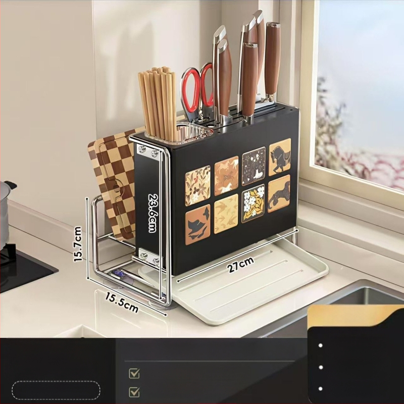 Κουζίνας αποθηκευτικός ράφι με θήκη μαχαιριών, θήκη για μαχαιροπίρουνα και θήκη κοπτικών σανίδων — επιτραπέζιος και τοίχους, πολυλειτουργικός, κινητός, χωρίς εγκατάσταση, από ανθρακούχο ατσάλι