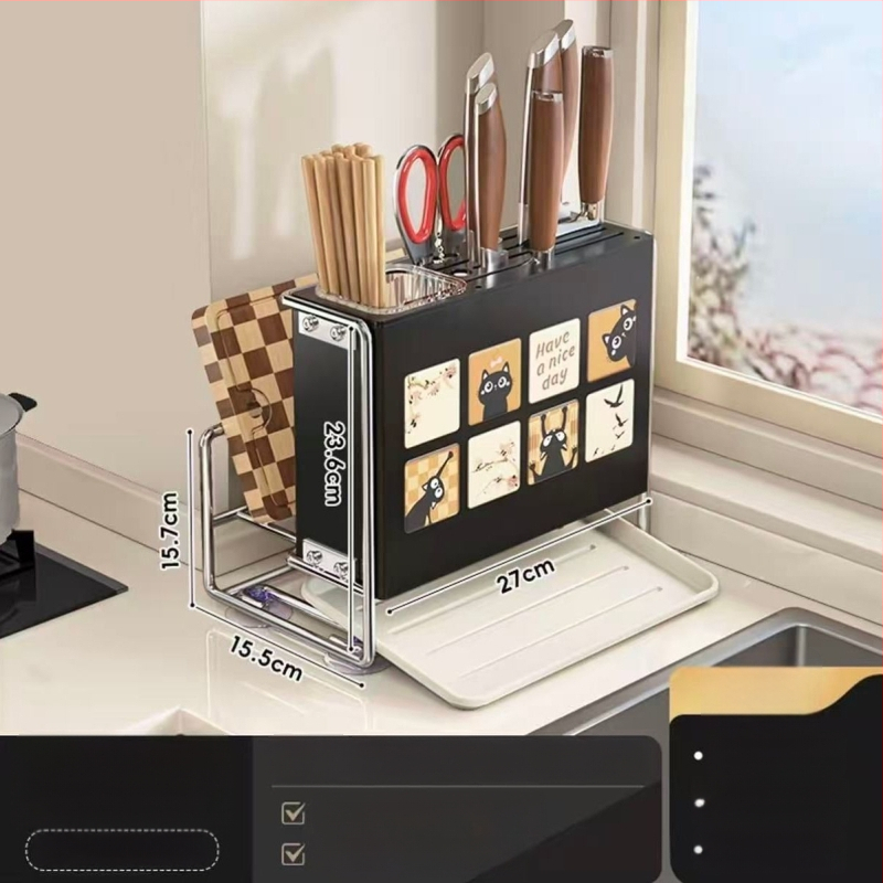 Κουζίνας αποθηκευτικός ράφι με θήκη μαχαιριών, θήκη για μαχαιροπίρουνα και θήκη κοπτικών σανίδων — επιτραπέζιος και τοίχους, πολυλειτουργικός, κινητός, χωρίς εγκατάσταση, από ανθρακούχο ατσάλι