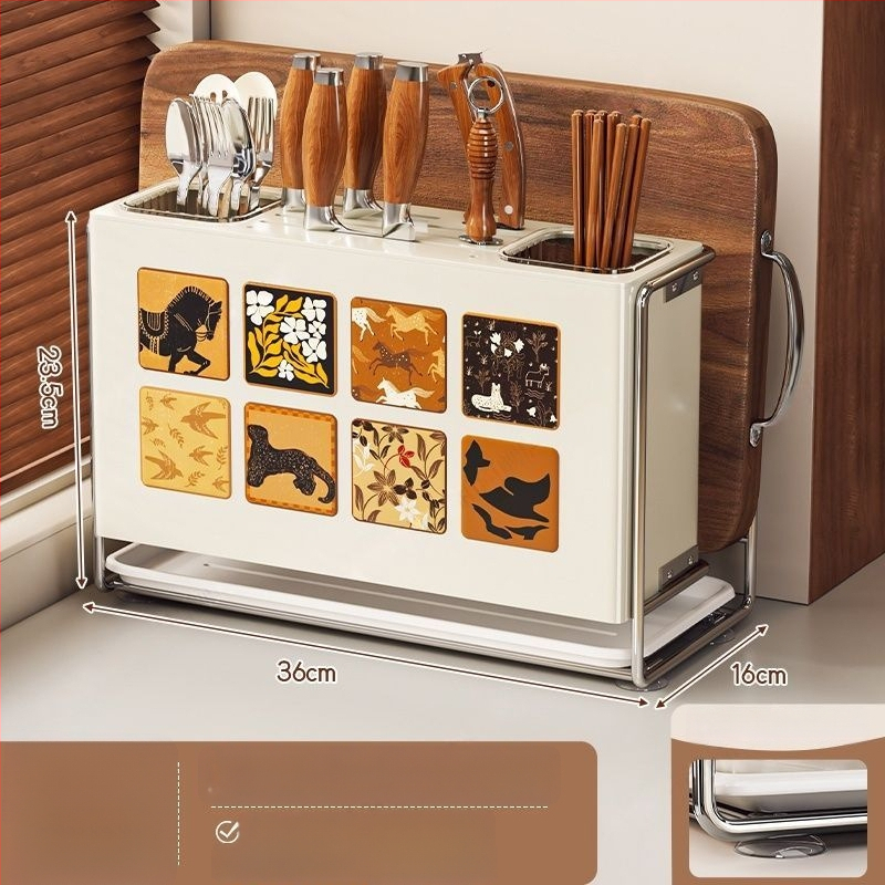 Κουζίνας αποθηκευτικός ράφι με θήκη μαχαιριών, θήκη για μαχαιροπίρουνα και θήκη κοπτικών σανίδων — επιτραπέζιος και τοίχους, πολυλειτουργικός, κινητός, χωρίς εγκατάσταση, από ανθρακούχο ατσάλι