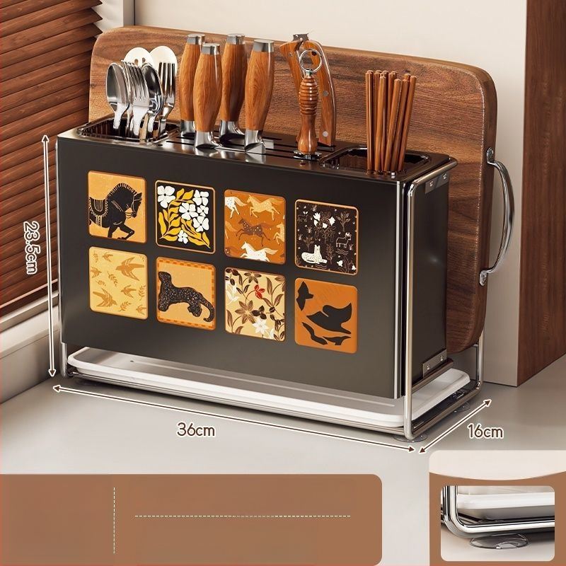 Κουζίνας αποθηκευτικός ράφι με θήκη μαχαιριών, θήκη για μαχαιροπίρουνα και θήκη κοπτικών σανίδων — επιτραπέζιος και τοίχους, πολυλειτουργικός, κινητός, χωρίς εγκατάσταση, από ανθρακούχο ατσάλι