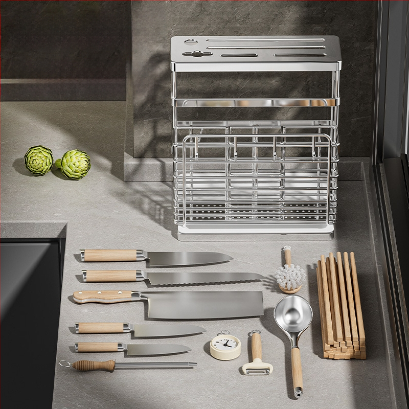 Ανοξείδωτος ράφι αποθήκευσης για chopsticks με ενσωματωμένο κρατητή μαχαιριών — τοίχος ή επιφάνεια, κατά του μύκητα, με αεριζόμενο αποστραγγιστικό σύστημα
