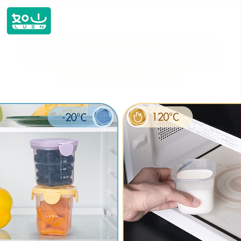 Cutie pentru păstrarea hranei pentru bebeluți – pătrată din plastic, compatibilă cu cuptorul cu microunde, menține prospețimea, capacitate sub 300 ml