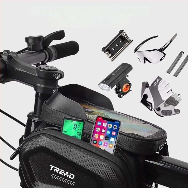 Poliészter kerékpár táska felsőcsőre és elülső vázra, telefontartó zseb, bélés nélkül, hegyi kerékpárhoz