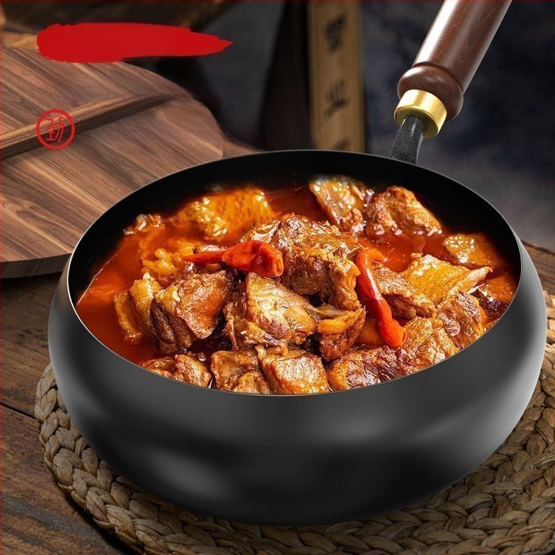 Tradicionalni wok od lijevanog željeza s velikim trbušnim oblikom, ručno izrađena kućna tava s neprijanjajućim premazom