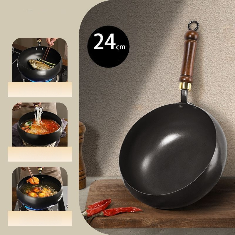 Tradicionalni wok od lijevanog željeza s velikim trbušnim oblikom, ručno izrađena kućna tava s neprijanjajućim premazom