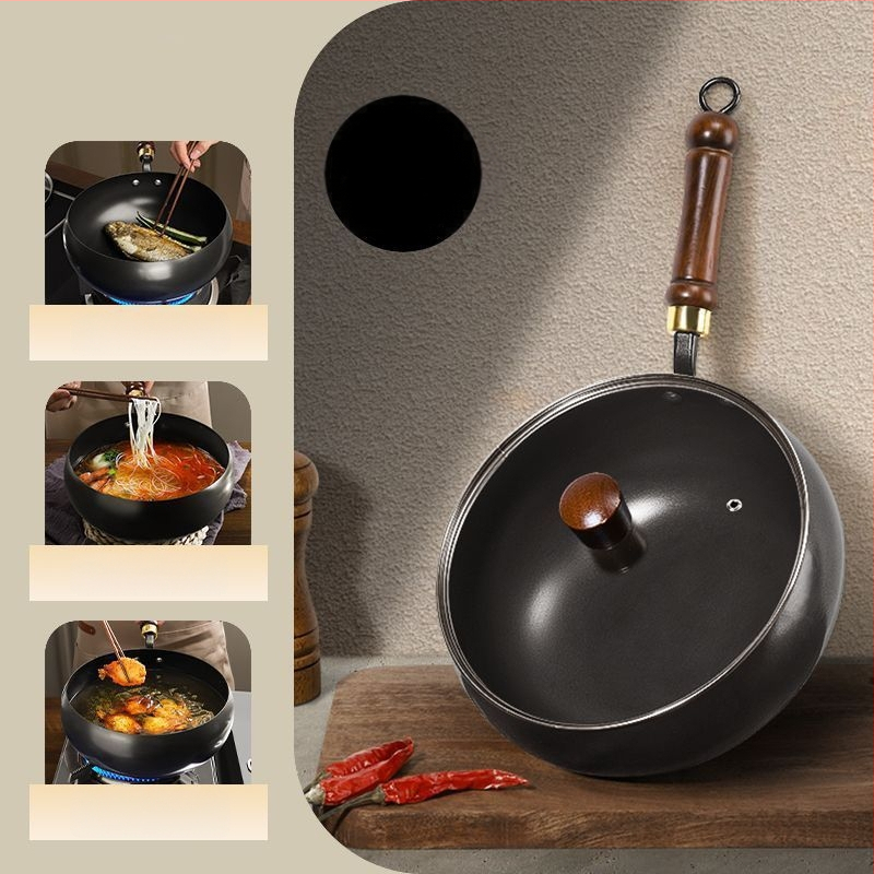 Tradicionalni wok od lijevanog željeza s velikim trbušnim oblikom, ručno izrađena kućna tava s neprijanjajućim premazom