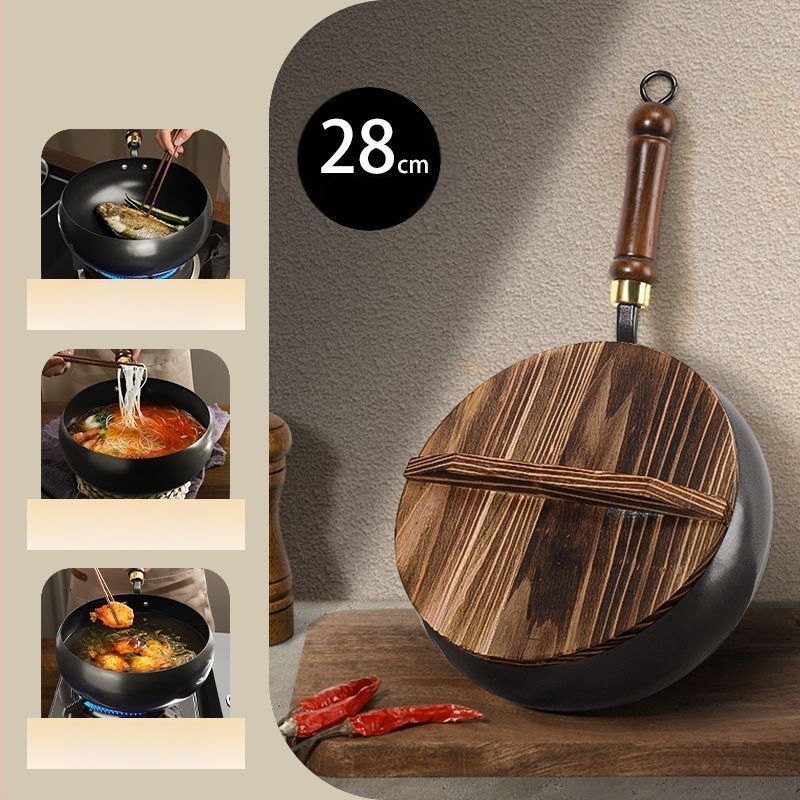 Tradicionalni wok od lijevanog željeza s velikim trbušnim oblikom, ručno izrađena kućna tava s neprijanjajućim premazom
