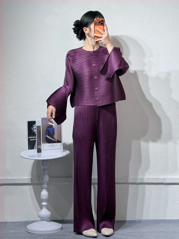 Nadrágos kosztüm szett: Kardigán, ráncos textúra, poliészter 95%+, Japán-koreai casual stílus