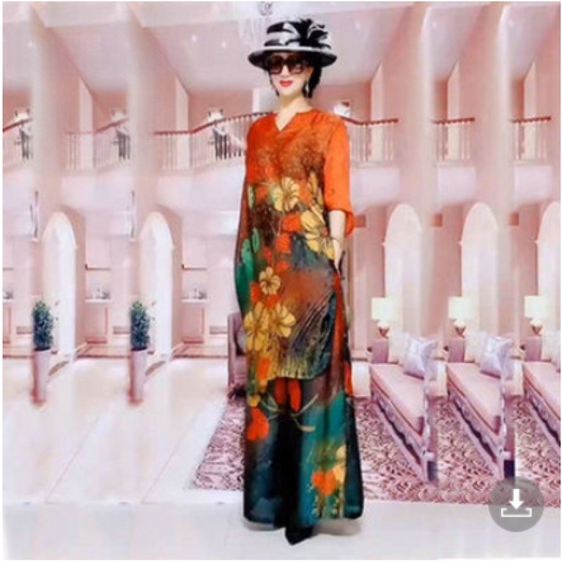 Floral mintás kétrészes készlet széles szárú nadrágokkal, poliészter anyag, 80-90% poliészter, 3/4 ujjú, elegáns stílus