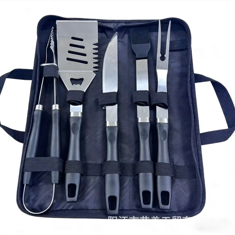 Set alata za roštilj od nehrđajućeg čelika 410, s drškom u obliku gourd-handle, u prijenosnoj torbi od Oxford platna; uključuje nož, klips, četku, vilicu, špatulu i četku za čišćenje