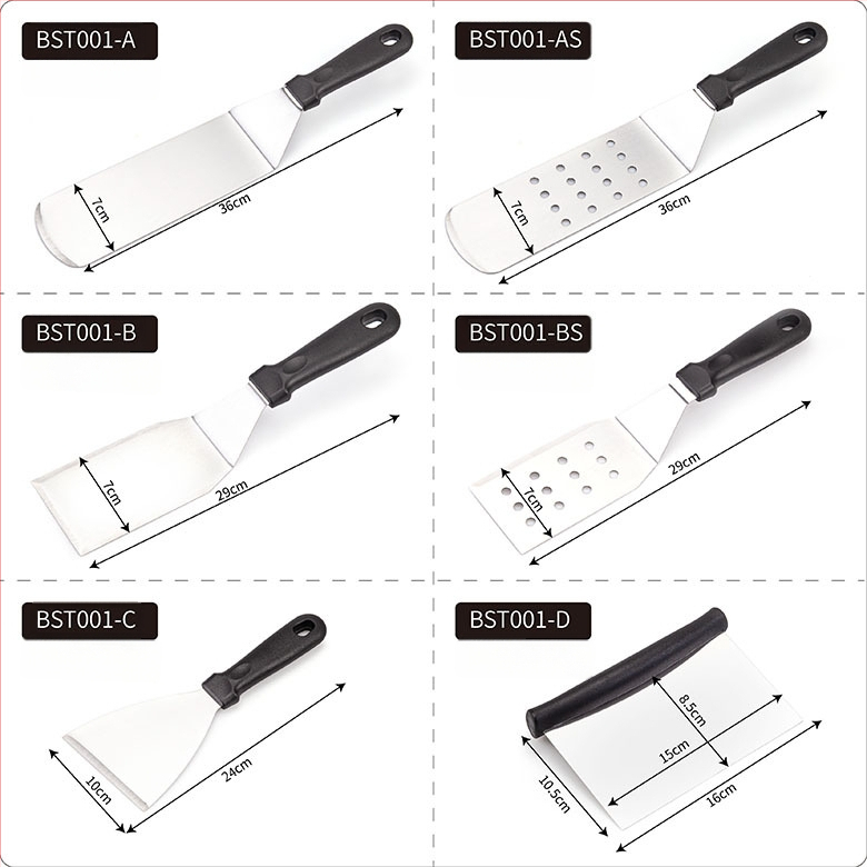 Rozsdamentes acél teppanyaki spatula készlet kültéri grillsütéshez — modern minimalista design, tartalmaz spatulákat steakhez és palacsintákhoz, testreszabható