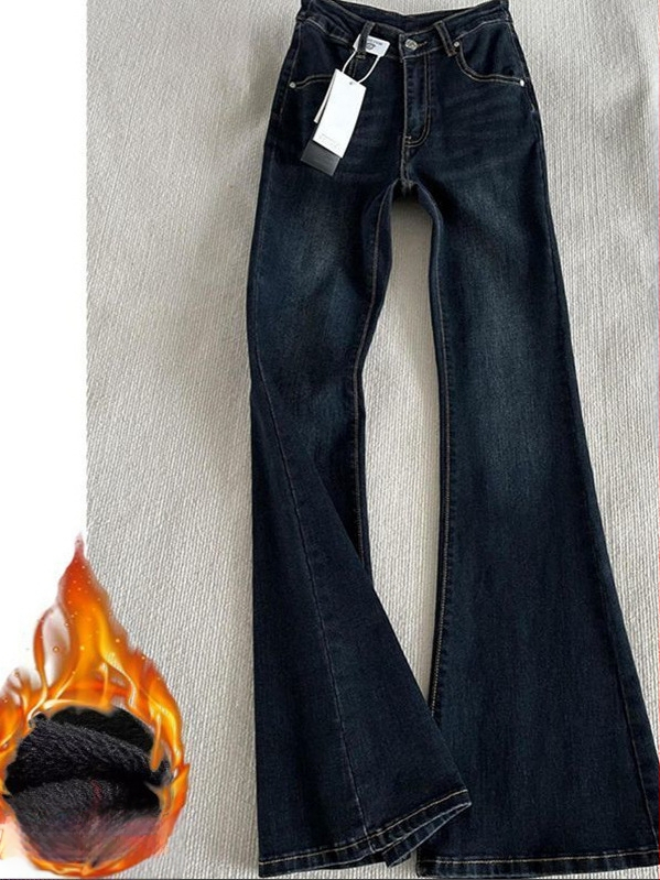 Crne ženske traperice od denima s podstavom za jesen-zimu, niska straž, bootcut kroj, elastične