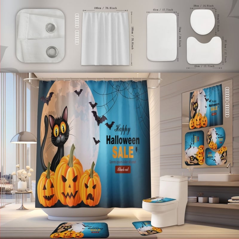 Poliesterska zavjesa za tuširanje i kupaonska prostirka – vodootporna, otporna na plijesan, ugradnja bez bušenja, Halloween dizajn
