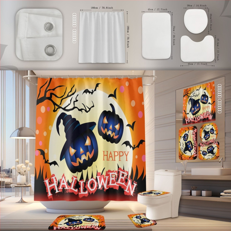 Poliesterska zavjesa za tuširanje i kupaonska prostirka – vodootporna, otporna na plijesan, ugradnja bez bušenja, Halloween dizajn