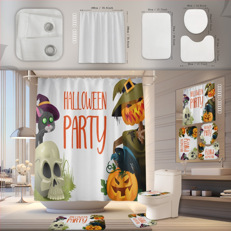 Poliesterska zavjesa za tuširanje i kupaonska prostirka – vodootporna, otporna na plijesan, ugradnja bez bušenja, Halloween dizajn