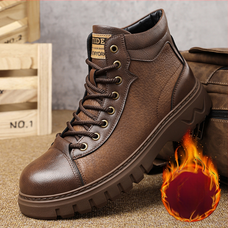 Férfi Martin csizmák télre: retro stílusú bőr csizma, gumitalp, PU talpabetét, PU belső bélés