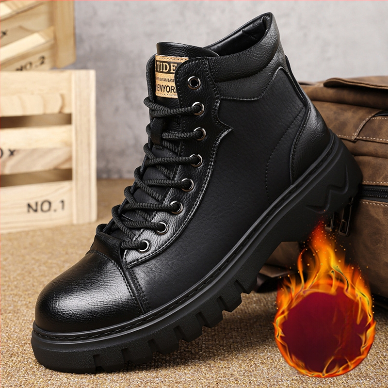 Férfi Martin csizmák télre: retro stílusú bőr csizma, gumitalp, PU talpabetét, PU belső bélés