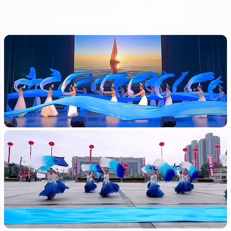 Dugi bambusov fan za ples s gradientom boje jezero-plave boje, za otvaranje nastupa; kineski stil; rekvizit za odrasle plesove poput belly dancea i Yangko.