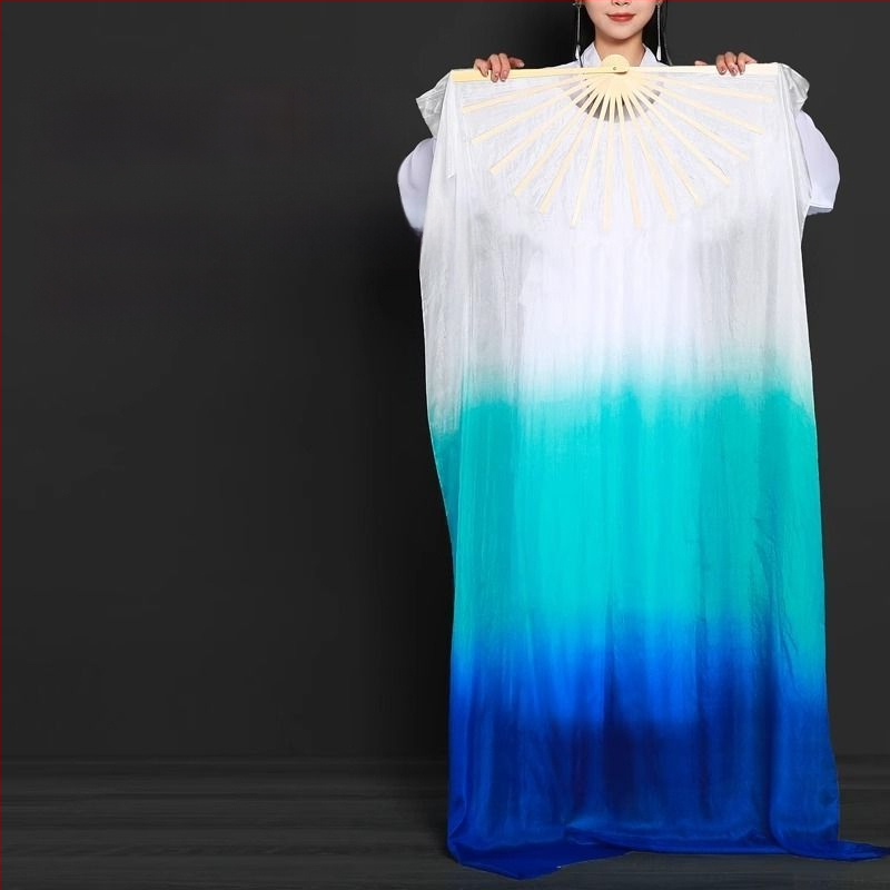 Dugi bambusov fan za ples s gradientom boje jezero-plave boje, za otvaranje nastupa; kineski stil; rekvizit za odrasle plesove poput belly dancea i Yangko.