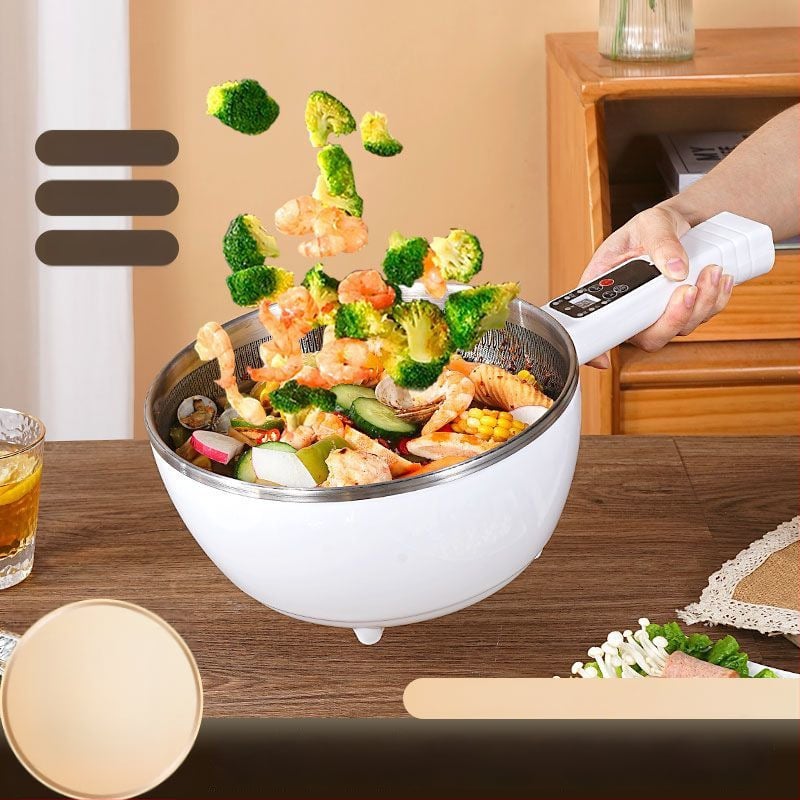 Višefunkcionalni električni wok i hot pot – sve-u-jednom loncu s LCD zaslonom, kapacitet 4–5 L, snaga 1000–1350 W, unutarnja posuda od aluminijske legure s nepri­ljanjajućim premazom, para, prženje, kuhanje i dinstanje.
