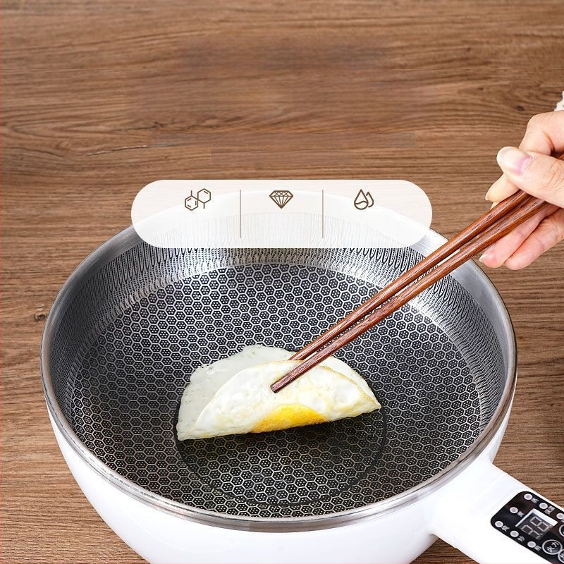 Višefunkcionalni električni wok i hot pot – sve-u-jednom loncu s LCD zaslonom, kapacitet 4–5 L, snaga 1000–1350 W, unutarnja posuda od aluminijske legure s nepri­ljanjajućim premazom, para, prženje, kuhanje i dinstanje.