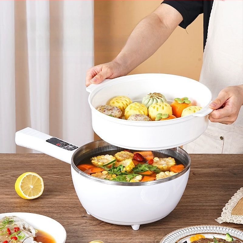 Višefunkcionalni električni wok i hot pot – sve-u-jednom loncu s LCD zaslonom, kapacitet 4–5 L, snaga 1000–1350 W, unutarnja posuda od aluminijske legure s nepri­ljanjajućim premazom, para, prženje, kuhanje i dinstanje.
