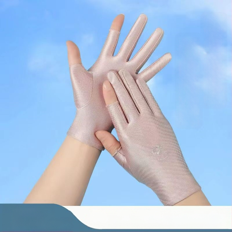 Ženske zaštitne rukavice za sunce s dva prsta, tanke za proljeće i jesen, pogodne za vožnju biciklom i vožnju, vez s ledenim svilenim nitima, elastične, kompatibilne s dodirnim zaslonom, prsti bez završetka, za branje čaja