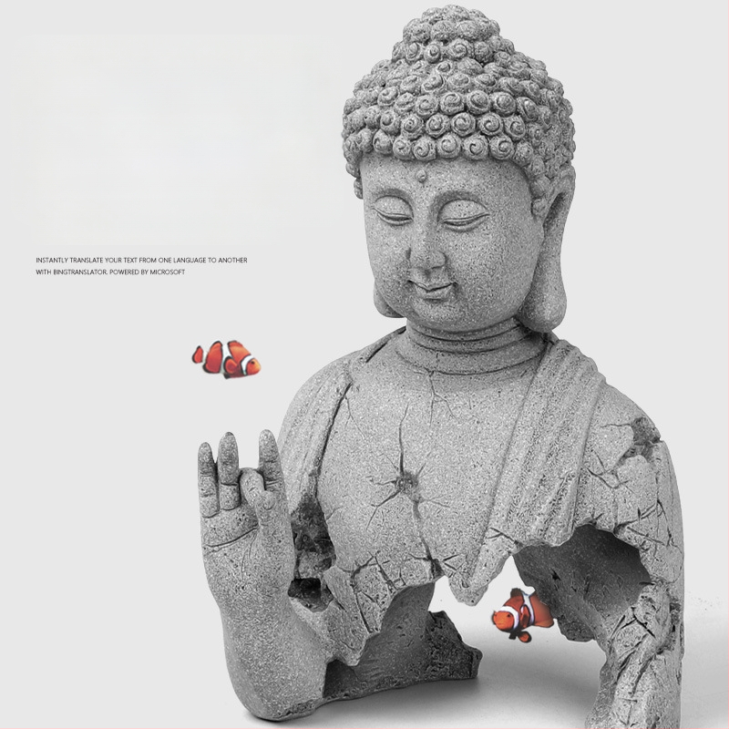 Statu Buddhe od plavog pijeska i ukras Sun Wukonga za akvarij, zen kameniti krajolik