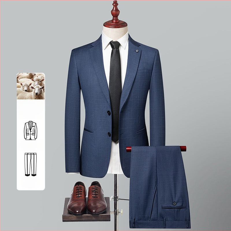 Muško odijelo od 70% ovčje vune, plavo-sivi karirani uzorak, poslovno formalno odijevanje, slim fit