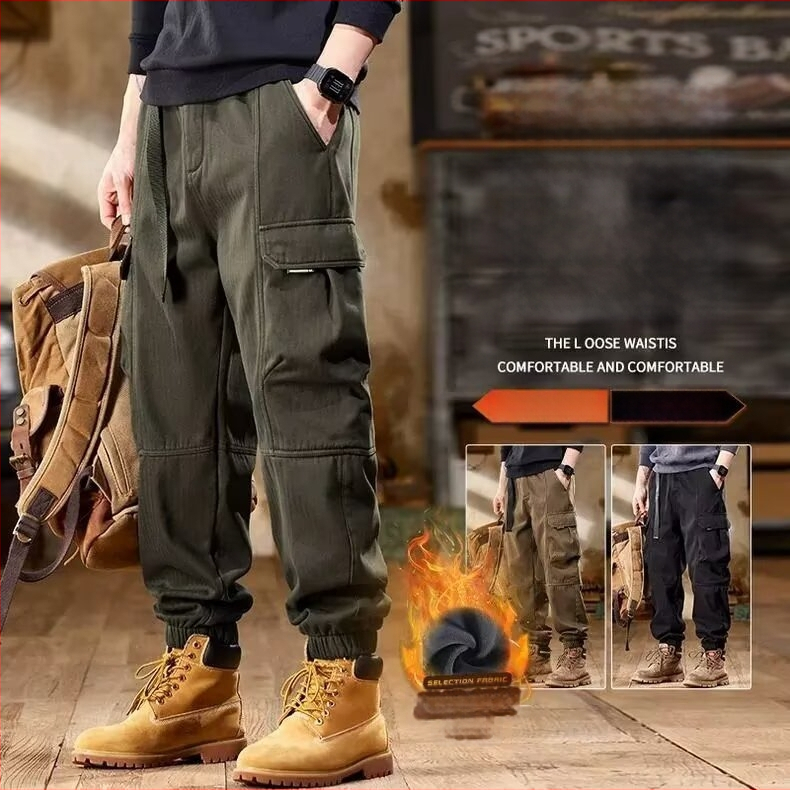Jesensko-zimske široke muške hlače s višestrukim džepovima, cargo stil, izdržljive radne hlače s flis podstavom i debelim materijalom