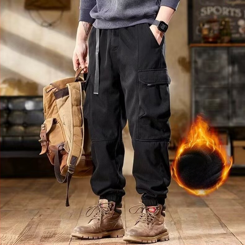 Jesensko-zimske široke muške hlače s višestrukim džepovima, cargo stil, izdržljive radne hlače s flis podstavom i debelim materijalom