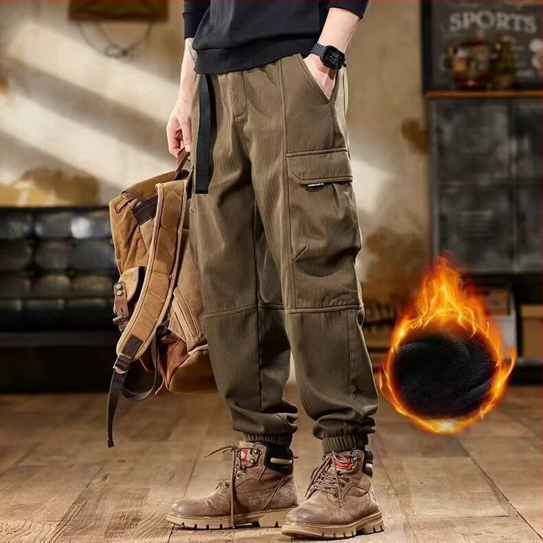 Jesensko-zimske široke muške hlače s višestrukim džepovima, cargo stil, izdržljive radne hlače s flis podstavom i debelim materijalom