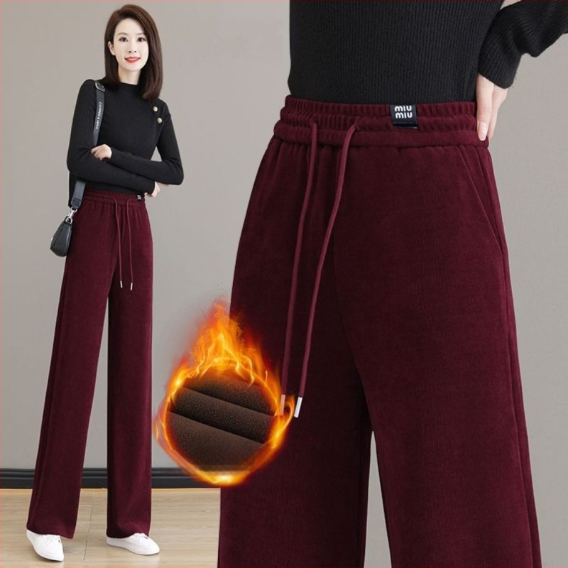 Ženske hlače za jesen/zimu s flis podstavom, ravni kroj, visok pas, vezanje, casual stil