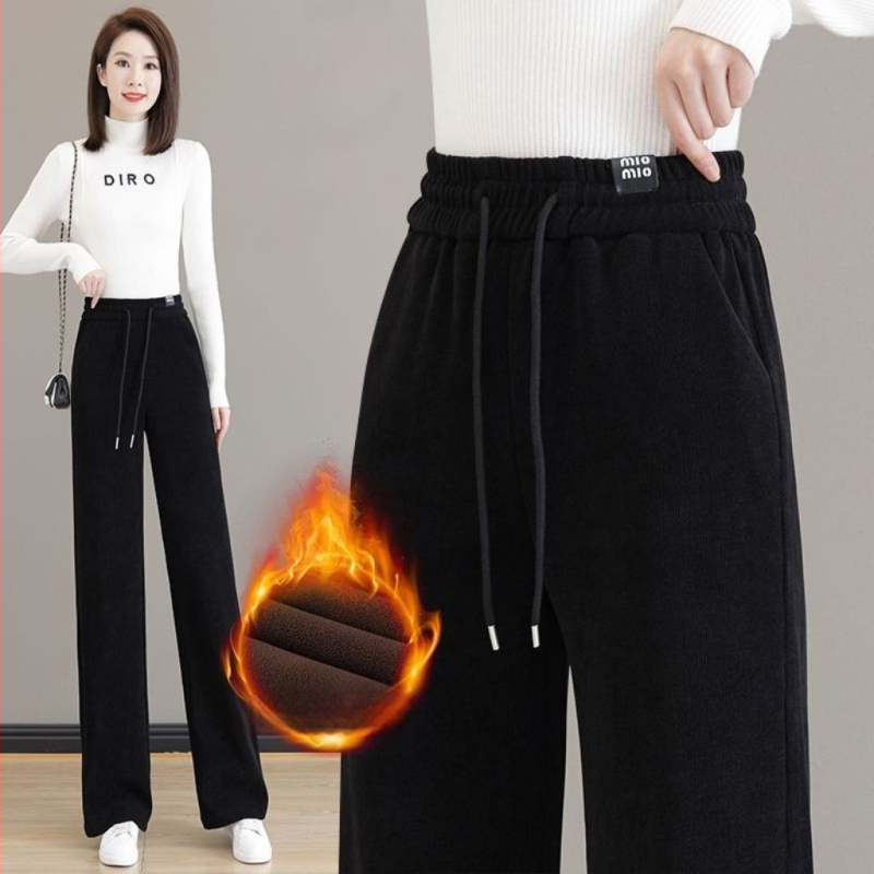 Ženske hlače za jesen/zimu s flis podstavom, ravni kroj, visok pas, vezanje, casual stil