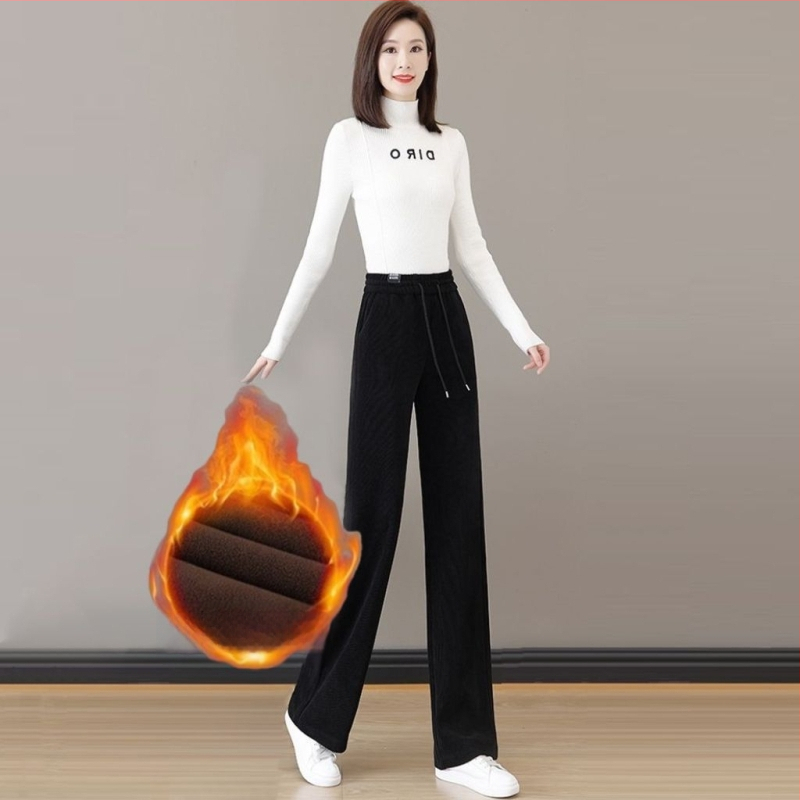 Ženske hlače za jesen/zimu s flis podstavom, ravni kroj, visok pas, vezanje, casual stil